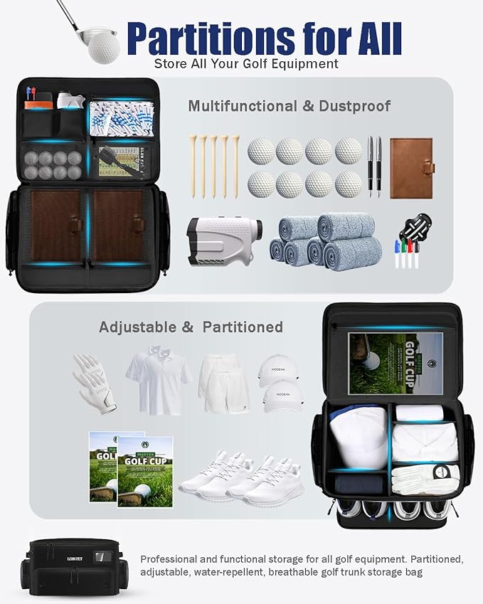 LOINTET Golf Trunk Organizer, Waterproof Car Golf Locker with Separate Ventilated Compartment for 2 Pair Shoes, Golf Storage for Balls, Tees, Cap, Clothes, Gloves, Accessories, Gifts for Men, Women