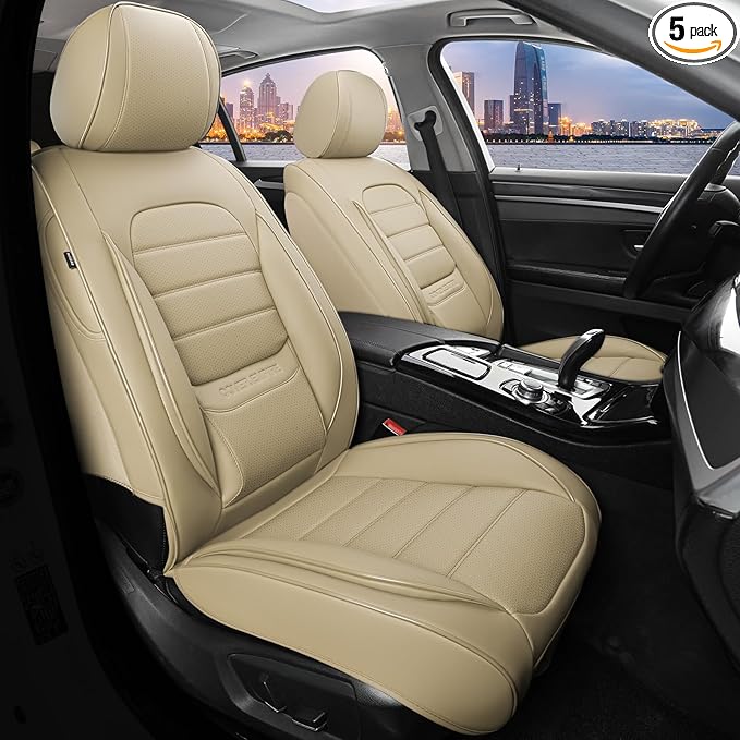 Car Seat Covers Full Set, 5Pcs Universal Leather Seat Covers for Cars, Waterproof Front and Rear Seat Covers, Breathable Automotive Seat Cover for Most Sedans, Trucks, SUVs, Beige