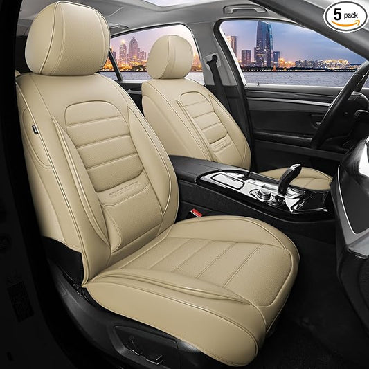 Car Seat Covers Full Set, 5Pcs Universal Leather Seat Covers for Cars, Waterproof Front and Rear Seat Covers, Breathable Automotive Seat Cover for Most Sedans, Trucks, SUVs, Beige