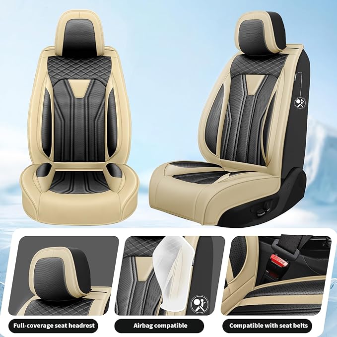 Fit Tucson Car Seat Covers Premium Leather for Hyundai Tucson 2010-2025 2026. Waterproof， Breathable, Scratch-Resistant & All-Weather Seat Cushion Protector (Front Seat, Beige&Black)