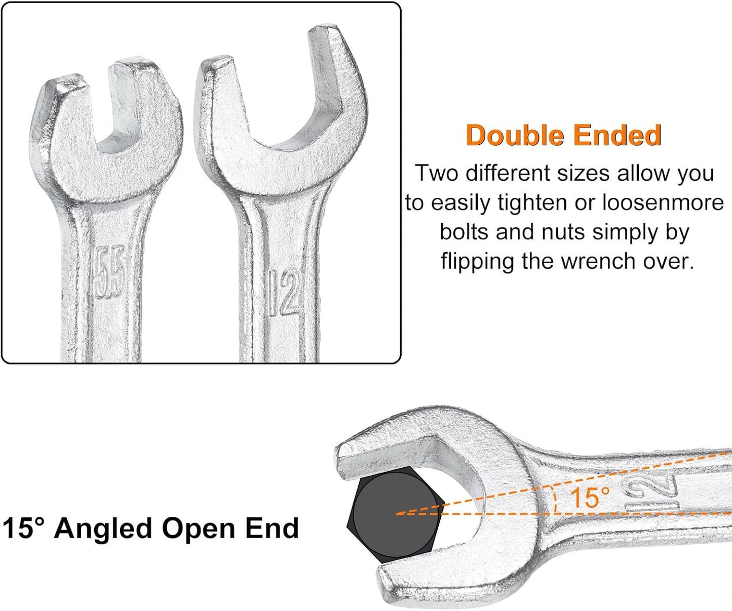 HARFINGTON Double Open End Wrench 13mm x 16mm Metric 15 Degree Offset Angle Small Flat Head Wrench Galvanizing Open Ended Spanner for Automotive Repair Furniture Assembly
