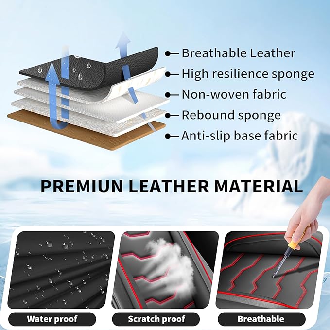 Fit Kicks Car Seat Covers， Compatible with Nissan Kicks 2018-2026 -Premium Leather, Waterproof Breathable All-Weather Seat Cushion Protector Airbag Compatible（2 Seats Front Pair，Red Line Black