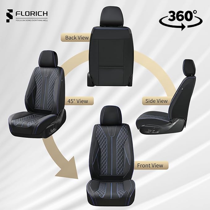 FLORICH Leather Seat Covers for Cars, Car Seat Cover Full Set Luxury Faux Leather Waterproof Seat Cover Full Coverage Seat Protector Universal Fit for Most Cars SUV Trucks, Black&Blue Line