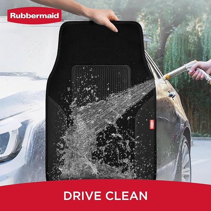 Rubbermaid Car Mats, Carpeted Floor Car Mat with Faux Leather & Built-in Heel Pad, Two-Tone Car Rug Floor Mats, Stylish Carpeted Floor Mats for Cars, Trucks & SUVs Black Color