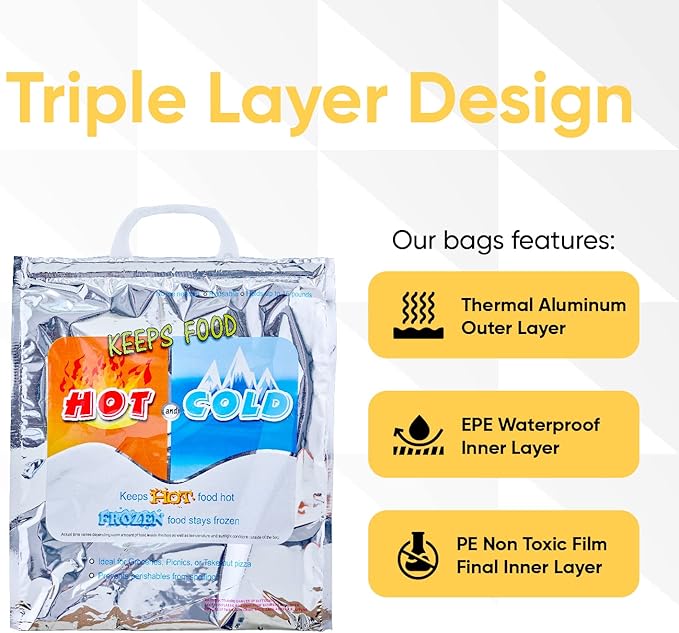 Superio Hot and Cold Insulated Bags for Food Delivery, Grocery Shopping Bags, Food Storage for Hot and Frozen Food for Travel, Disposable Cooler Bag, Reinforced Thermal Lunch Bag (2, 12"x13.5")