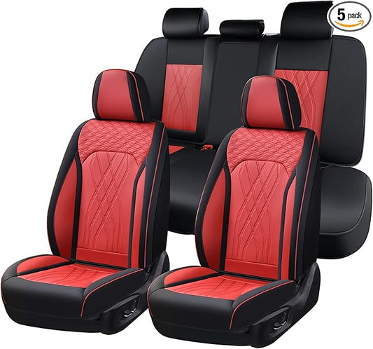 FLORICH Universal Seat Cover Full Set Leather Seat Covers 5 Seats Waterproof Seat Protector Car Seat Cushion Driver Seat Cover Universal Fit for Most Car Truck SUV, Black&Red