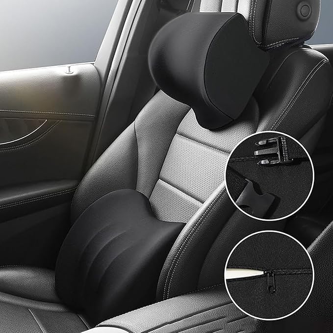 Car Headrest & Lumbar Support Cushion for Dodge Ram 1500 2019-2025, Ergonomic Car Seat Headrest Memory Foam Neck and Back Pillow Kit Breathable Removable for Driving Fatigue Relief,E/Orange