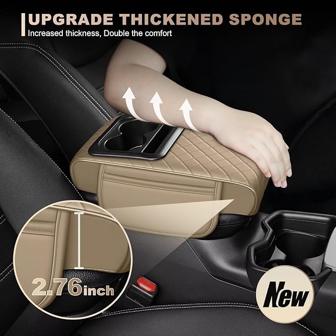 Center Console Cover Fit for 4Runner Faux Leather Car Armrest Cushion with Storage Bags, Cup Holder ＆ Phone Storage Multifunctional Middle Console Cover(Beige)