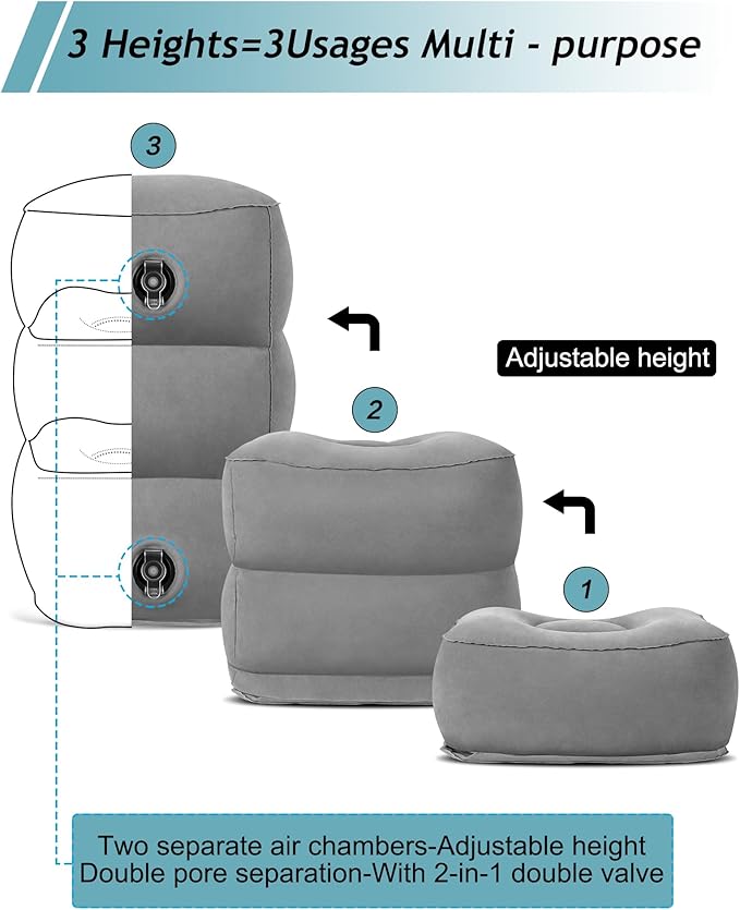 JefDiee Inflatable Travel Foot Rest Pillow,Kids Airplane Bed,Adjustable Height Flight Pillow,Travel Essentials for Airplane,Office,Home,Trains,Cars