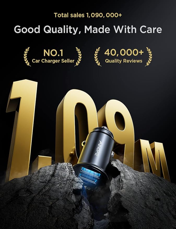 AINOPE Car Charger Adapter【Smallest Metal】 4.8A Cigarette Lighter USB Car Charger Adapter Dual Port 12V USB Outlet Flush Fit for iPhone 16 Pro Max/15/14 iPad Air Samsung Galaxy S25 S24 Ultra,Black