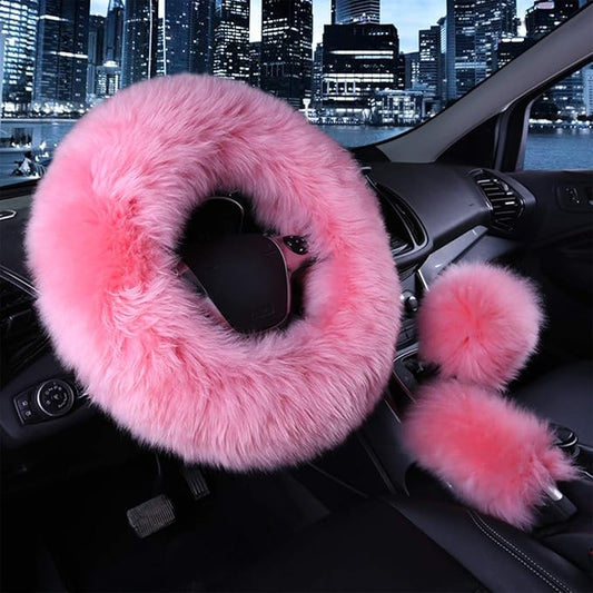 1 Set 3 Pcs Car Steering Wheel Cover & Handbrake Cover & Gear Shift Cover Set Faux Wool Warm Winter (Pink-3pcs)