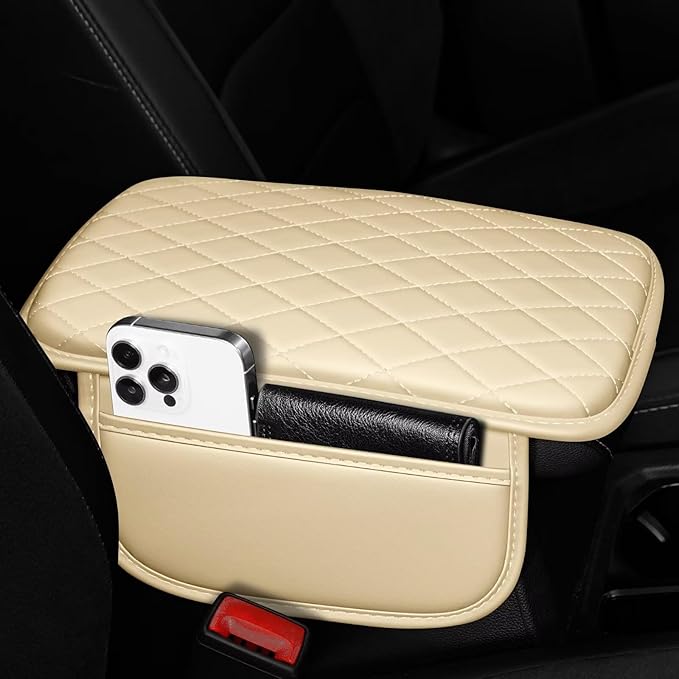 Upgraded Car Center Console Cover Fit for Highlander Faux Leather Car Armrest Cover Cushion with 2 Storage Bags,Car Armrest Storage Box Interior Accessories(Beige&Whiteline)