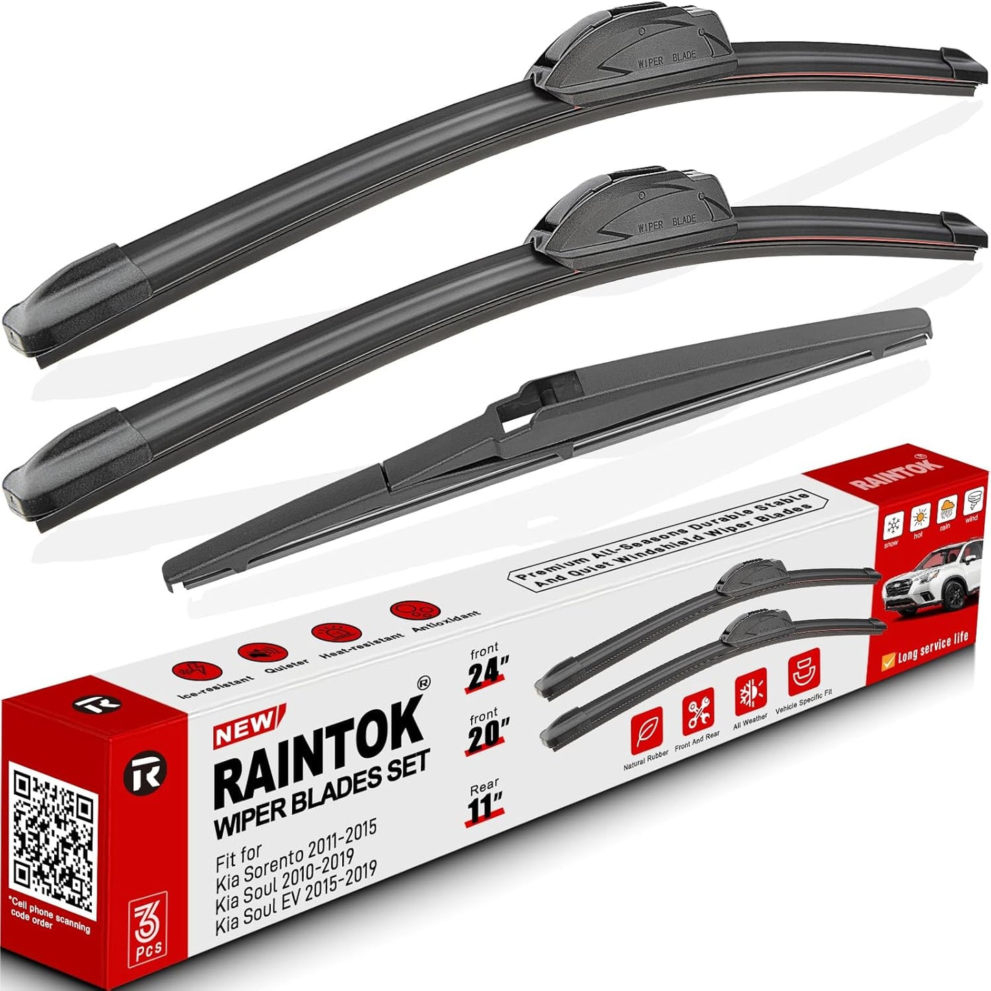 Windshield Wiper Blades Replacement for 2011-2015 Kia Sorento / 2010-2019 Kia Soul Original Factory Quality Front Rear Wipers Blade Set for My Car - 24" 20" 11" (Pack of 3)