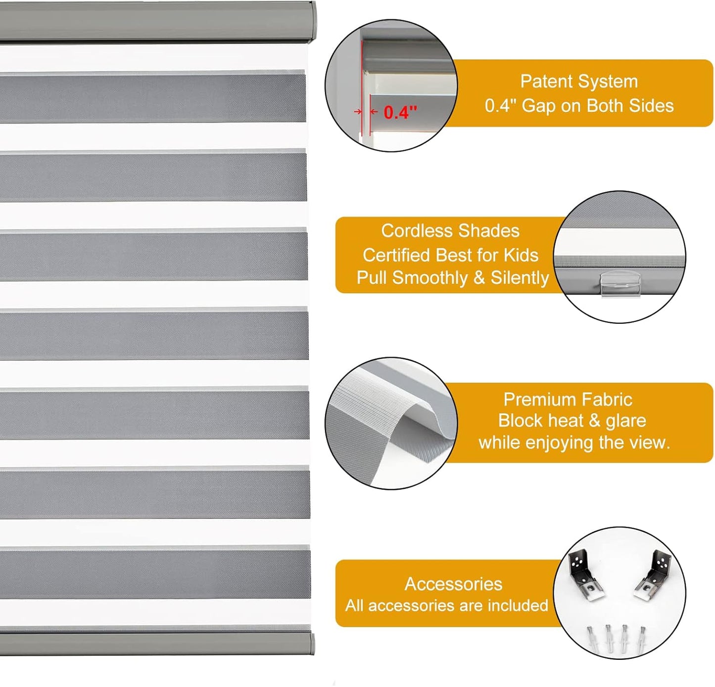 Persilux Cordless Zebra Blinds for Windows Free-Stop Roller Windows Shades (46" W X 72" H, Grey) Dual Layer Light Control for Day and Night, Light Filtering Sheer Shades for Home