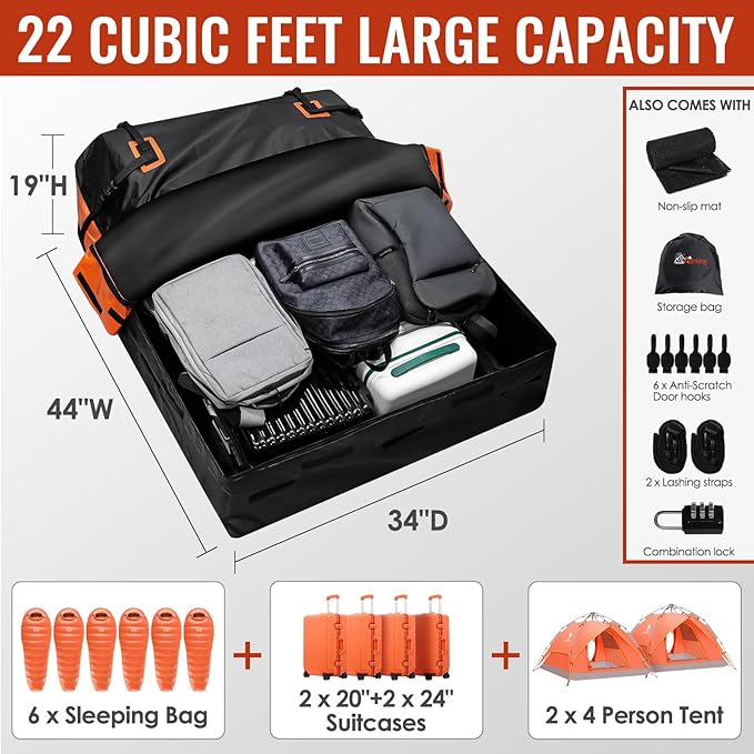 Car Rooftop Cargo Carrier Bag, Asinking 22 Cubic Feet Waterproof Tear-Resistant Car Roof Bag for All Vehicle with/Without Racks - Non-Slip Mat, 6 Door Hooks, 2 Extra Straps, Luggage Lock