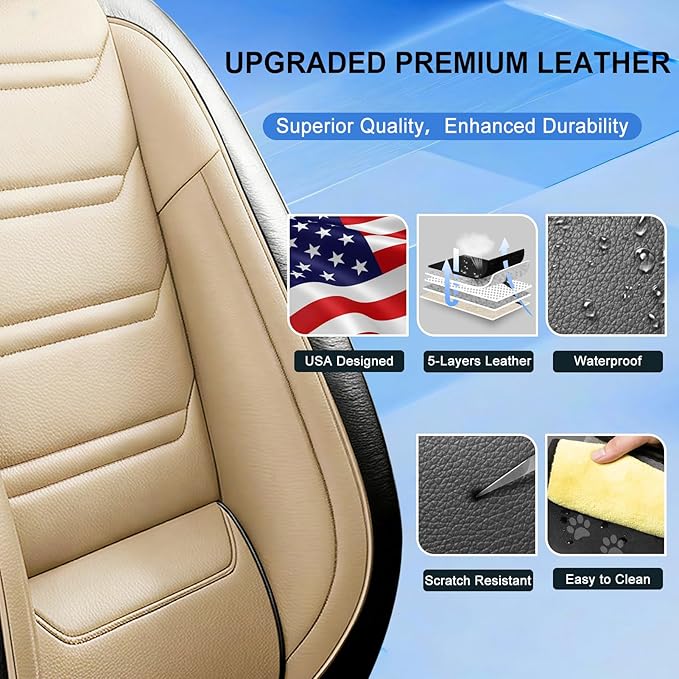 Fit HR-V Car Seat Covers for Honda HRV 2016-2025 2026 LX/EX/EXL/Sport - Full Coverage Leather, Airbag Compatible, Breathable Waterproof All Weather Seat Protector, Full Set, Black+Beige