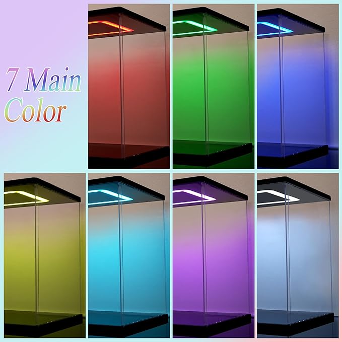 Clear Acrylic Display Case with Light for Lego Helmet, Multiple Color Lights Dustproof Protection Display Box for Collectibles Action Figures（7×7×9inch）