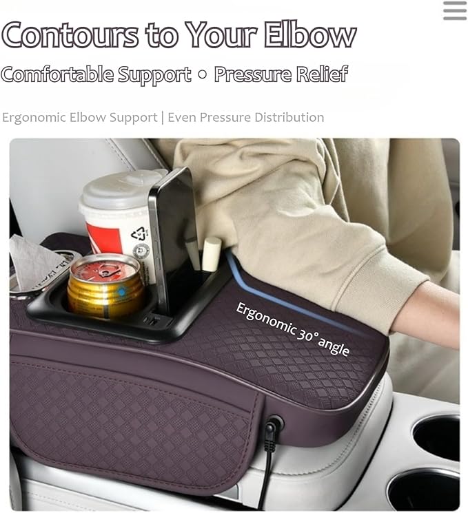 2026 Enhanced Car Center Console Armrest Cushion with USB& Type-C Charging, PU Leather Console Pad with Cup Holders, Storage& Tissue Outlet for Most Vehicles (Sloped Version, Orange)