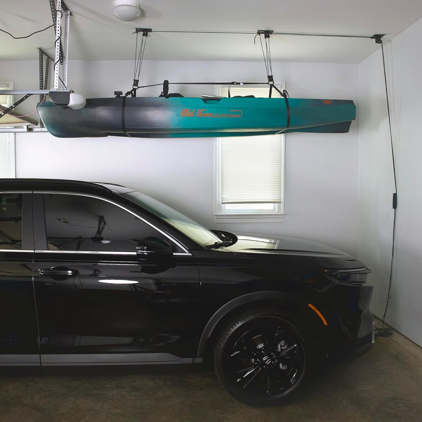 Teal Triangle Heavy Duty Elite Kayak Hoist, Easy-Lift Garage Pulley System, Holds 150 lbs, Fits 12-Foot+ Ceilings, Patented No-Slip Strap, No Setup Required