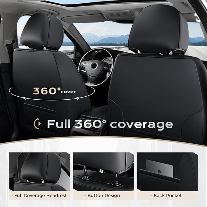 Coverado Seat Covers, Premium Nappa Leather Car Seat Covers Front Seats, Waterproof Car Seat Protector with Lumbar Support, Front Driver Seat Covers Universal Fit for Most Cars (Black&Beige)