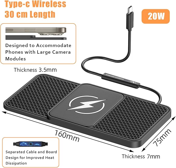 Wireless Car Phone Charger for Lexus NX200t/NX300/NX300h, Type C/USB 20W Fast Charging Pad, Non-Slip Charging Station for Travel Home Office Desk, Lightweight,Type-C