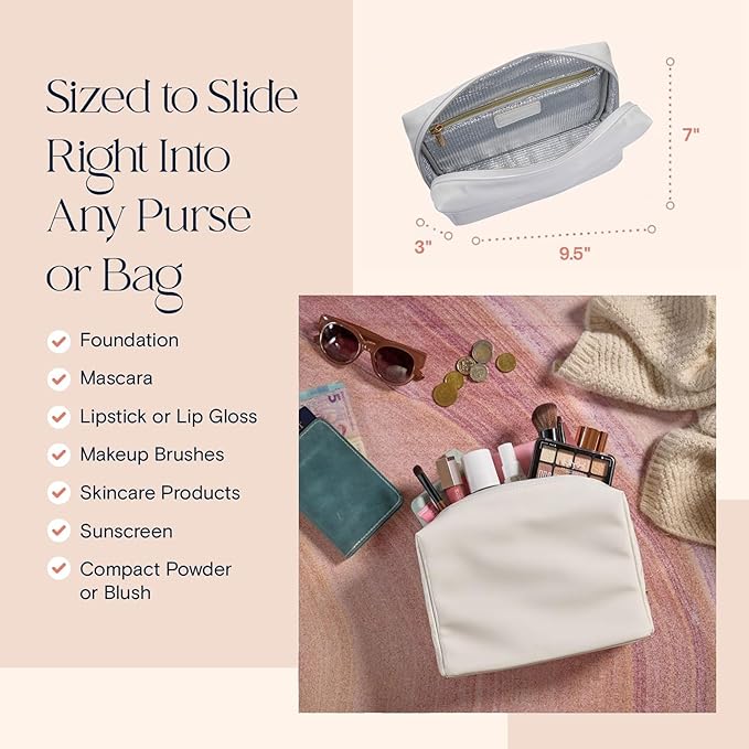 Stay Golden Insulated Waterproof Makeup Bag for Women Heat-Resistant Travel Cosmetic & Toiletry Bag | Luxurious Vegan Leather Portable Makeup Organizer (White with Silver Zipper, Medium)