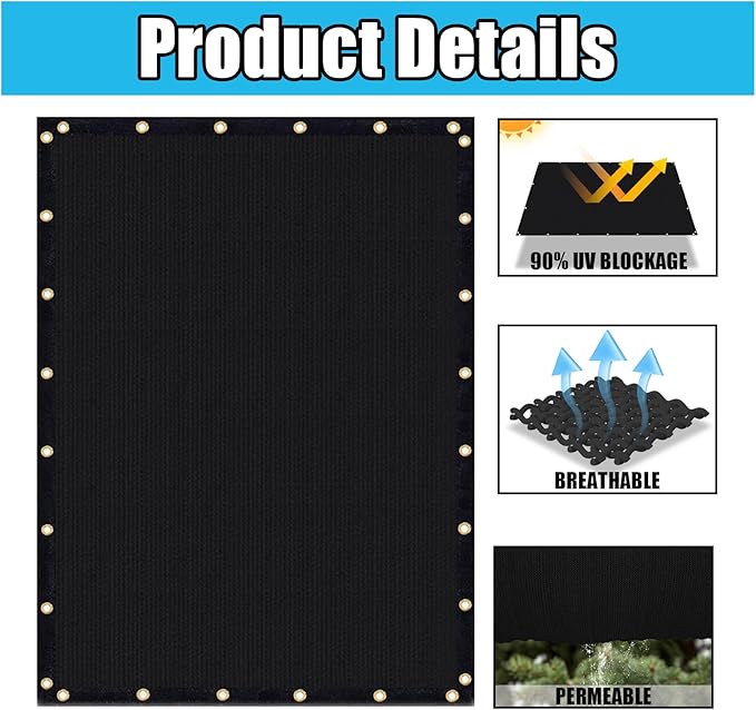 Amagenix 90% Shade Fabric 9'X 13' Black Sun Shade Cloth with Grommets for Pergola Replacement Shade Cover Canopy, Heavy Duty, Cable Zip Ties Included (We Customized)