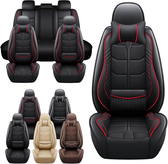 Leather Car Seat Covers Fit for Toyota RAV4 Prime 2021-2024, 5 Seater Car Seat Cover, Premium Waterproof, Scratch Resistant Car Interior Accessories (Full Set with Pillow Black Red)