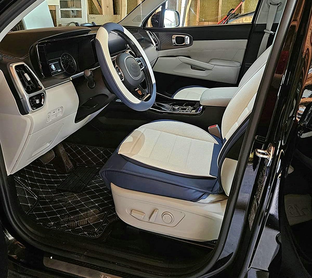 Custom Car Floor Mat Compatible with BMW Mercedes-Benz Toyota Cadillac Lexus Honda Infiniti Nissan Hyundai Kia Audi All Models Cars Sedans SUVs Automotive Mats (Black Beige Stripe)