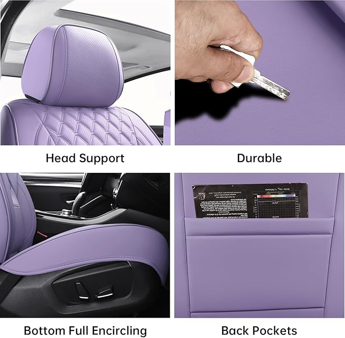 Car Seat Covers Front Seats Purple, Luxury Faux Leather Waterproof Non-Slip Women Seat Protector Universal Fit for Most Cars SUVs Trucks Pick-ups,Car Interior Accessories (Light Purple-Front Seats)