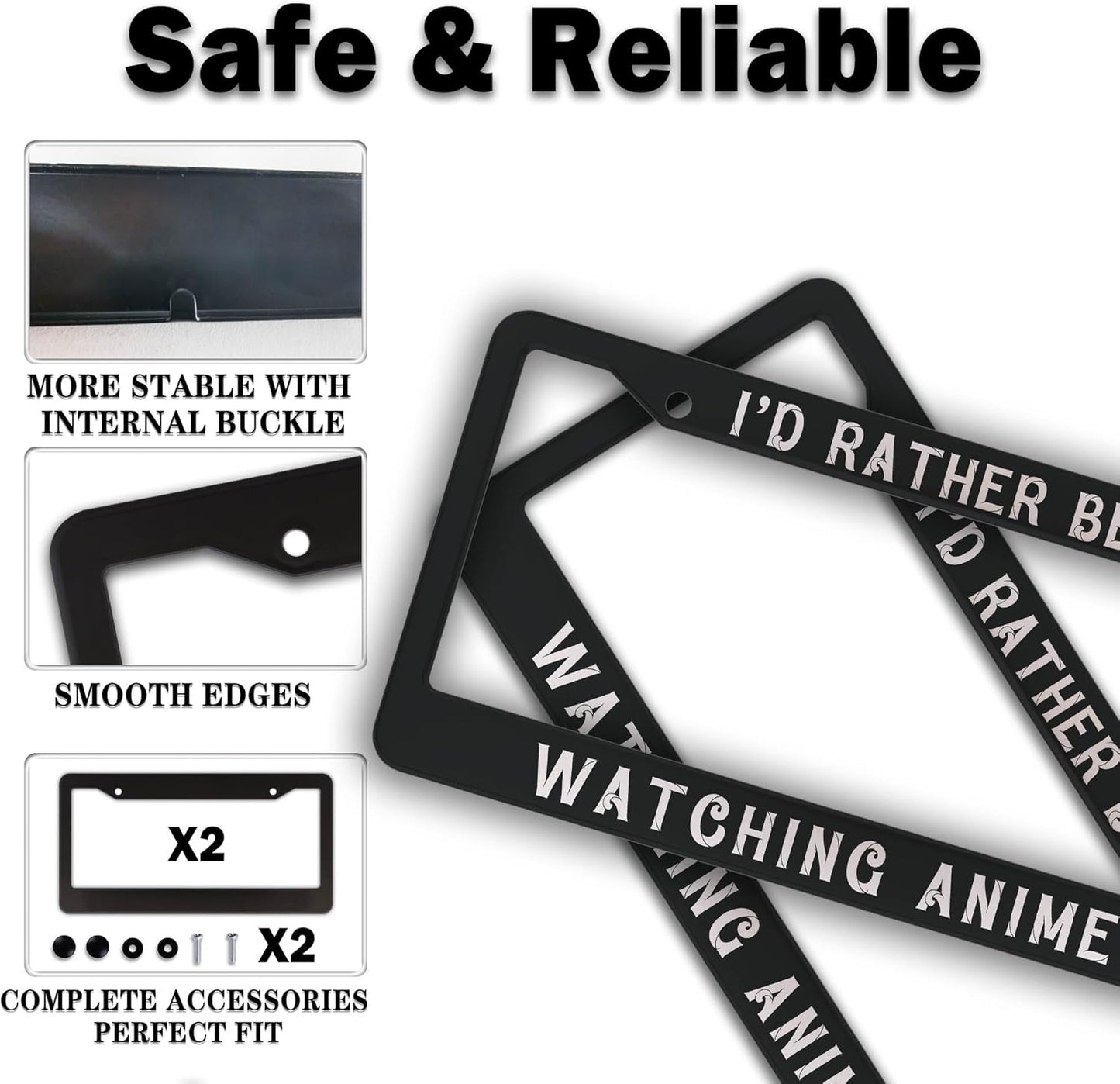 License Plate Cover Black and White License Plate Frames I’D Rather Be Watching Anime Aluminum Metal Car Accessory 2 Pack with Screw Covers Set