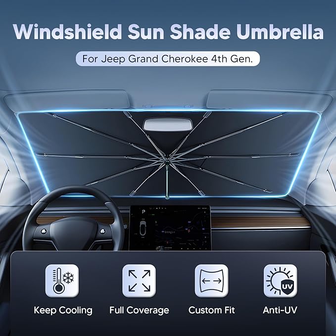 Autorder Windshield Sun Shade Umbrella for 2011-2021 Jeep Grand Cherokee Accessories,Upgraded Ice Crystal Material,Easy Setup Umbrella Sunshade for Car Windshield,100% Sun Blocking