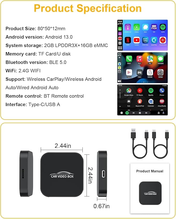 5-in-1 Wireless CarPlay Adapter with Netflix/YouTube/TF, Android Auto & Carplay Adapter with USB-A and USB-C Cables,Convert Wired to Wireless Apple Dongle, Magic Video Ai Box Car Play for iOS 10+