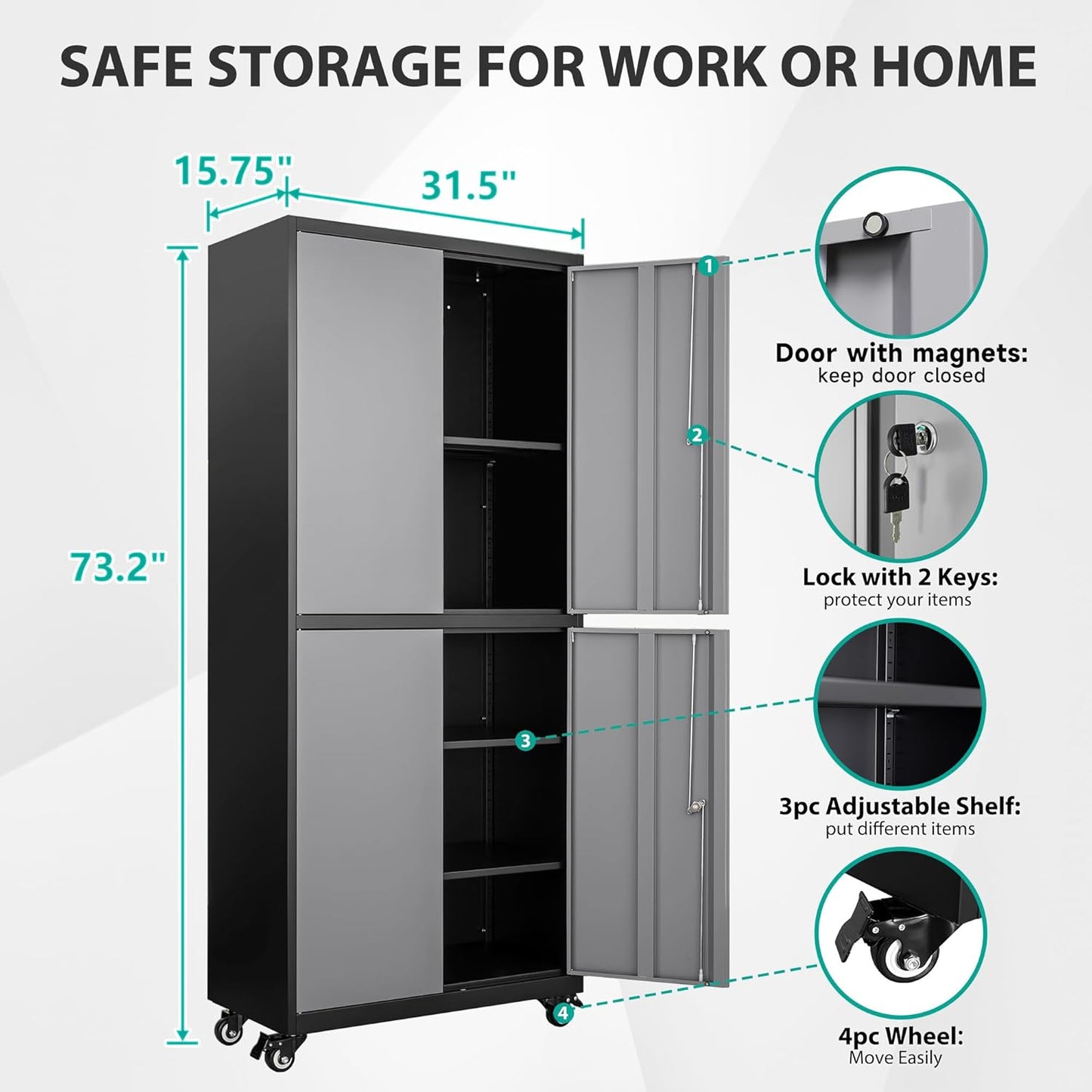 Metal Storage Cabinet with Wheels,Rolling Garage Storage Cabinet with Lock,Gray Lockable Metal Cabinets with Shelves,Tall Tool Cabinets on Wheels for Garage,Home,Office,Shop