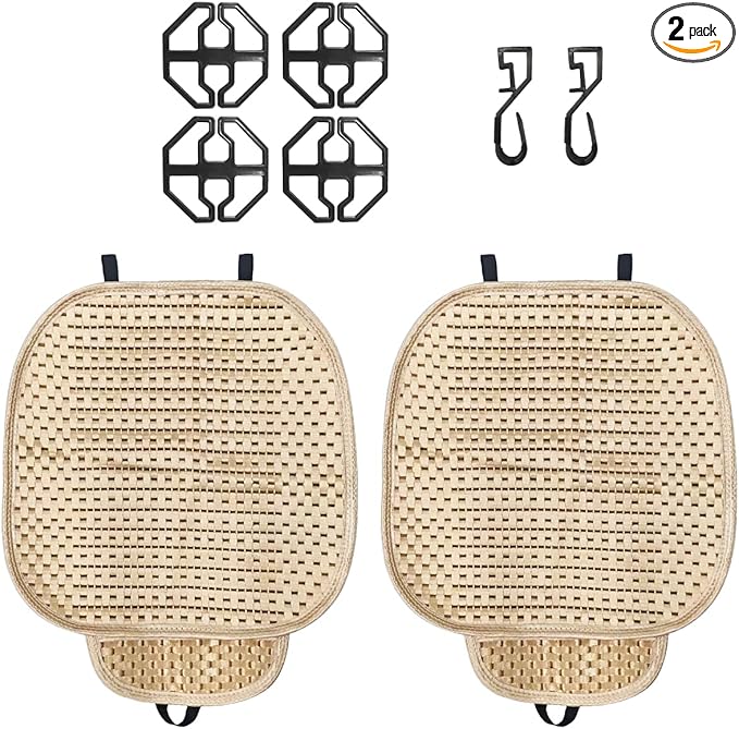 2PCS Ice Silk Car Seat Cushion, Breathable Cooling Anti-Slip Car Seat Protector Cushion with Storage Pocket, Universal Comfort Front Drivers Seat Cover Pad for Cars SUV Truck Interior (Beige)