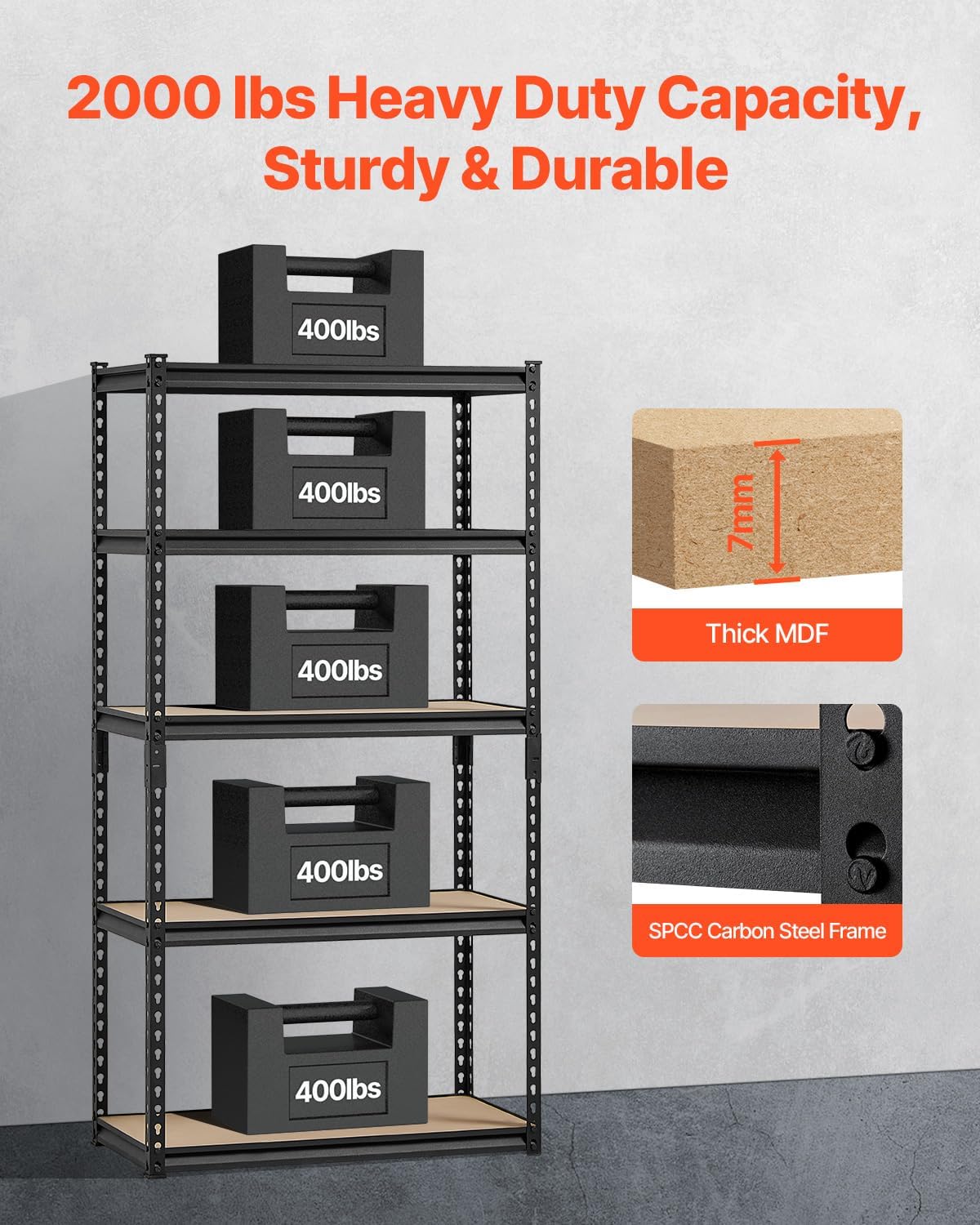 VEVOR Storage Shelves, 2000 lbs, 5 Tier Garage Storage Shelving, 16" D x 32" W x 62.8" H Adjustable Metal Shelves for Garage Shelves Utility Rack Shelf, Ideal for Kitchen, Warehouse, Basement, Black