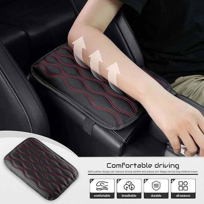 Amiss Auto Center Console Pad, Universal Waterproof Armrest Seat Box Cover, Car Interior Accessories, Leather Auto Armrest Cover Protector for Most Vehicle, SUV, Truck (Red Line)