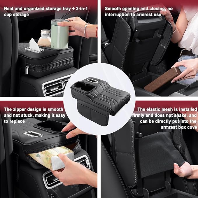 Car Armrest Storage Box for Infiniti QX60 2013–2025 2020 2021 2022 2023 2024, Sport-Style Center Console Organizer with Side Pocket, PU Leather Armrest Cushion, Elbow Support Pad,C Grey