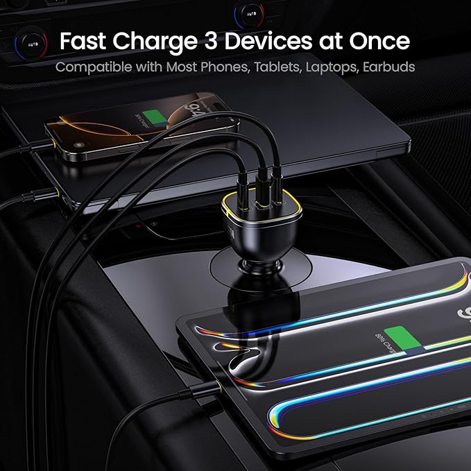 AOHI 165W Laptop Car Charger Adapter 140W PD 3.1/ 100W PD 3.0 USB C Super Fast Charging PPS 45W 3-Ports QC5.0 Car Lighter Charger for MacBook Pro, iPhone 16/15, Galaxy S24 Ultra, iPad, Black