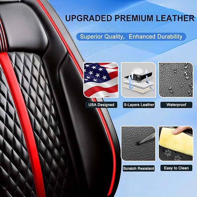 Fit Prologue Car Seat Covers for Select Honda Prologue 2024-2026 - Premium Full Coverage Leather, Airbag Compatible, Waterproof & All Weather Seat Cushion Protector, Full Set, Red Trim