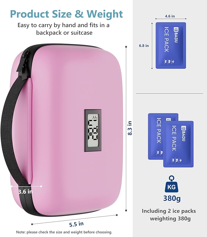 Insulin Cooler Travel Case with Temperature Display, TSA Approved Diabetic Cooling Bag for Insulin Pens and Supplies, Refrigerated Medicine Organizer with 2 Ice Packs