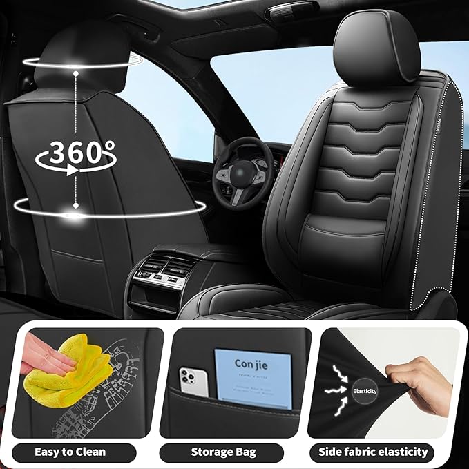 Fit Murano Car Seat Covers Compatible with Nissan Murano 2004-2025 2026 - Full Set Premium Leather， Waterproof Breathable， All-Weather Seat Cushion Protecto&Airbag Compatible（Full Set,Black