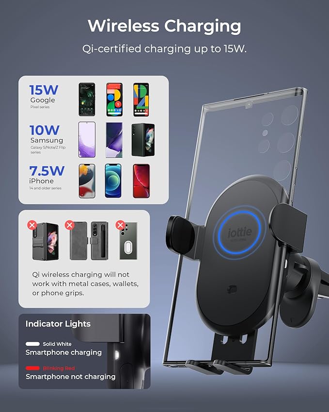 iOttie Auto Sense 2 Air Vent Car Phone Holder with Qi Wireless Charging - Auto Clamping Phone Mount for iPhone, Google Pixel, Samsung Galaxy, Huawei, LG (Adapter Not Included)