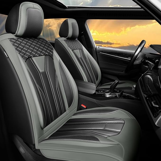 Fit Leaf Car Seat Covers Compatible with Nissan Leaf 2012-2025 2026 - Full Set Premium Leather， Waterproof Breathable， All-Weather Seat Cushion Protecto&Airbag Compatible （Gray & Black