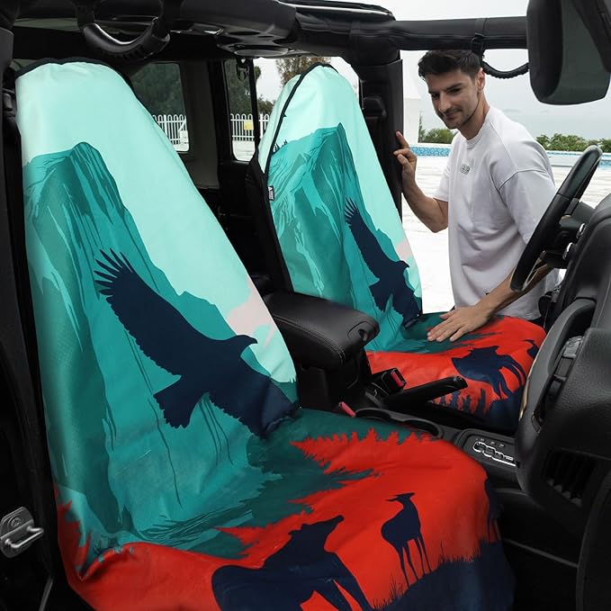 Waterproof Car Seat Cover with Non-Slip Back - Portable Auto Seat Cushion Fit for Cars Truck SUV Seats - Universal Carseat Protector Great for Dog or Kid Outdoor Sport Activities(Bear & Bird)
