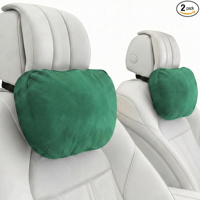 2PCS Car Pillow for Car Neck Pillow for Driving Seat Neck Support Soft Cushion Back Support Head-Rests for Vehicle Sleeping with Elastic Adjustment Strap (Green, Head)