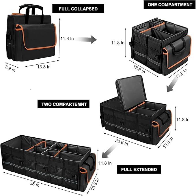 Car Trunk Organizer and Storage with Lid & Removable Leakproof Cooler Bag, Car Accessories 6 Removable Dividers for Custom Space, Collapsible Large Trunk Organizers Interior for SUV Sendan with Cover
