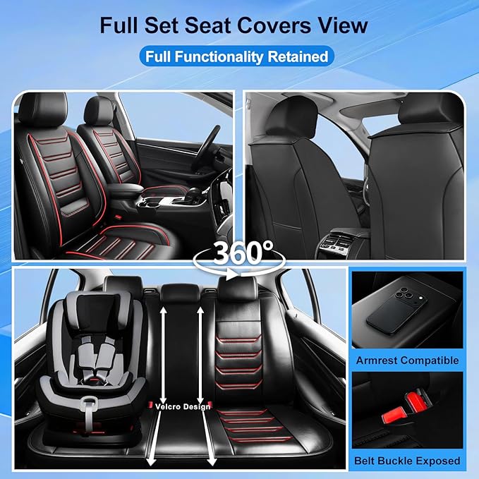 Fit HR-V Car Seat Covers for Select Honda HRV 2016-2025 2026 LX/EX/EXL/Sport - Full Coverage Leather, Waterproof & All Weather Seat Cushion Protector, Full Set, Black with Red Trim