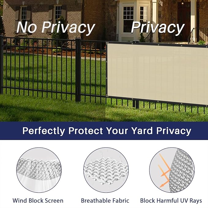 Windscreen4less Privacy Fence Screen Heavy Duty Windscreen Fencing Mesh Fabric Shade Net Cover with Brass Grommtes for Outdoor Wall Garden Yard Pool Deck, 8'x208' Beige