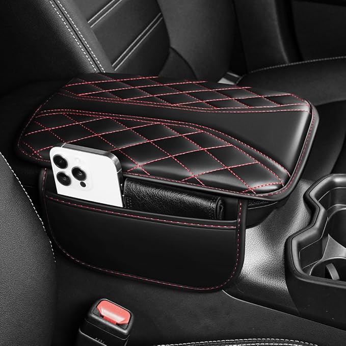 Center Console Cover Fit for Tacoma Scratch & Wear Resistant Waterproof Middle Console Cover with 2 Storage Bags(Black&Redline)
